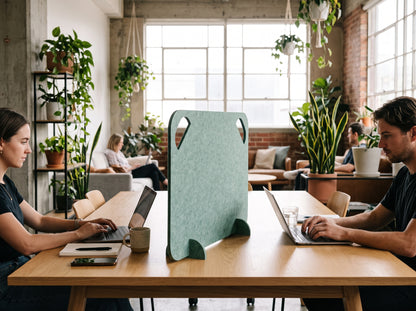Styled visualisation: Focus portable desk divider in Fern on a shared co-working desk